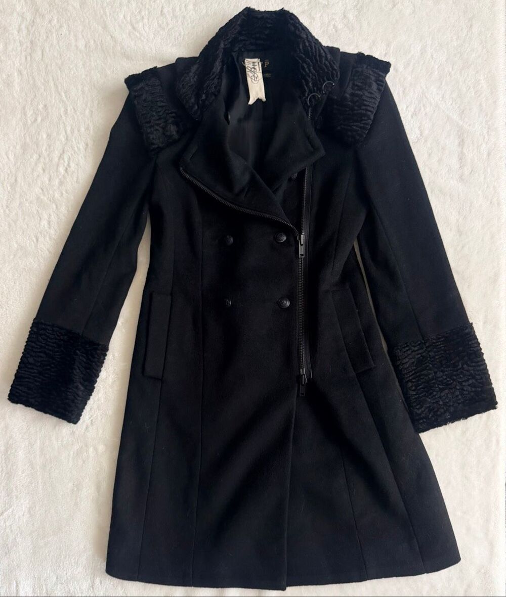 Rare Bird by Juicy Couture Black Wool Blend Moto Coat Faux Astrakhan Trim Y2K Pe